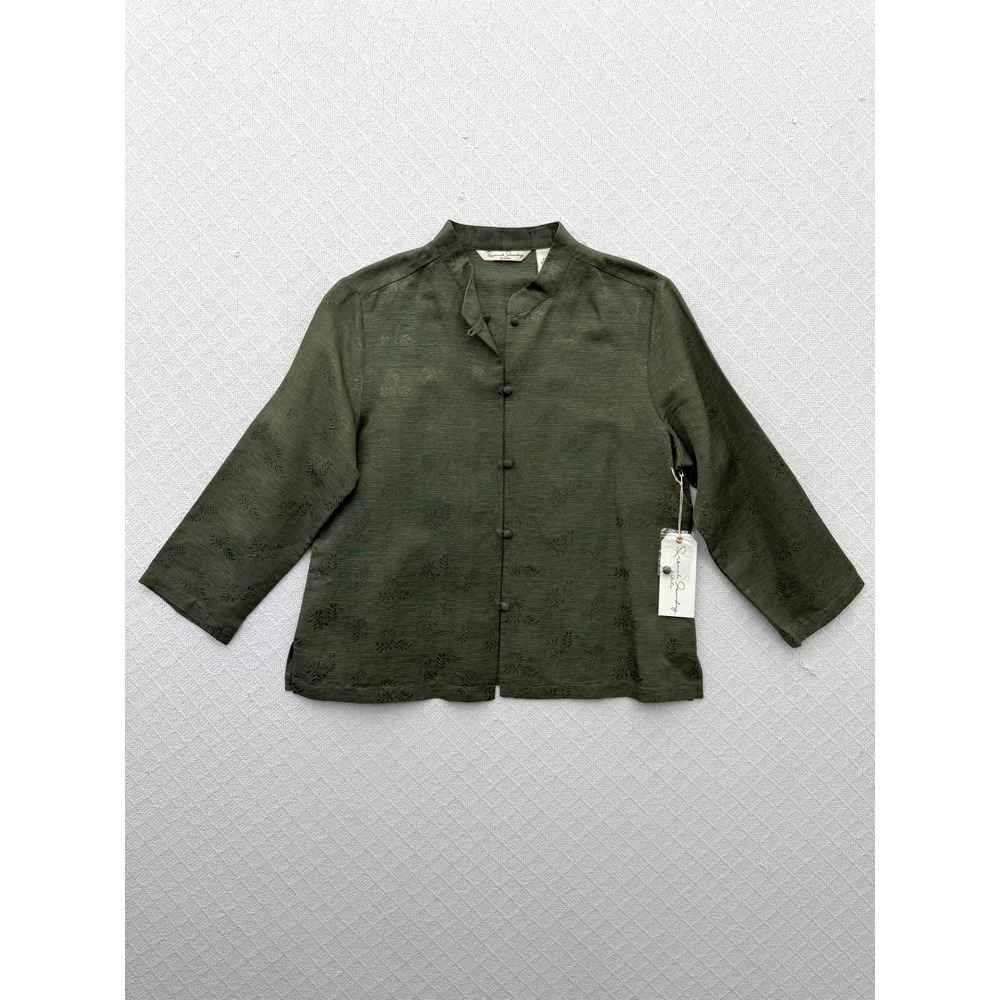 French Laundry Silk Linen Button Front Olive Jacquard Blouse Jacket Petite M